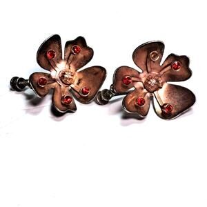 Vintage 1950s-60s Sterling Silver Flower Earrings Screw Back Red Crystals MCM